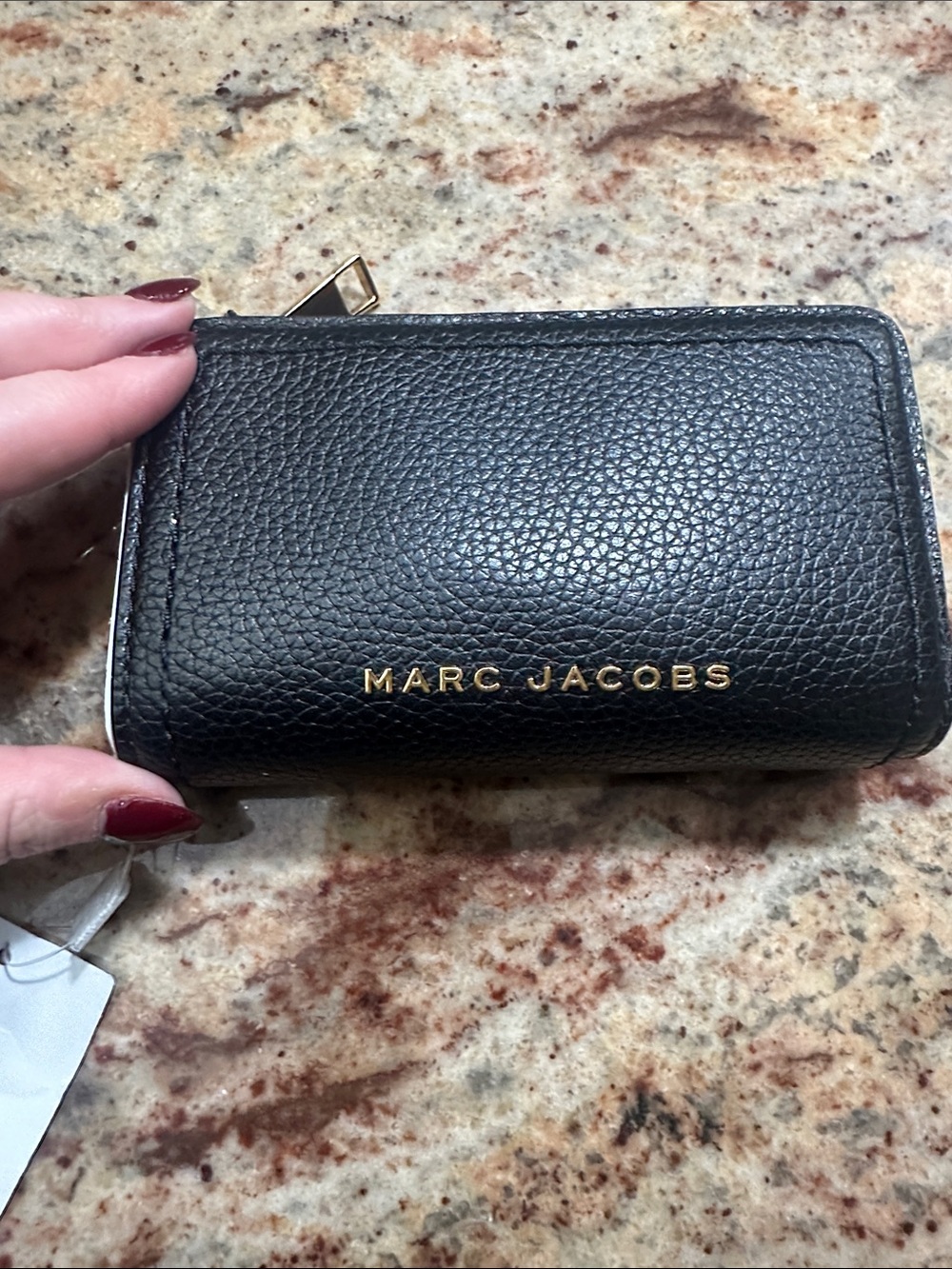 Marc Jacobs Black Pebbled Leather Zip Card & Key Holder with Gold Logo